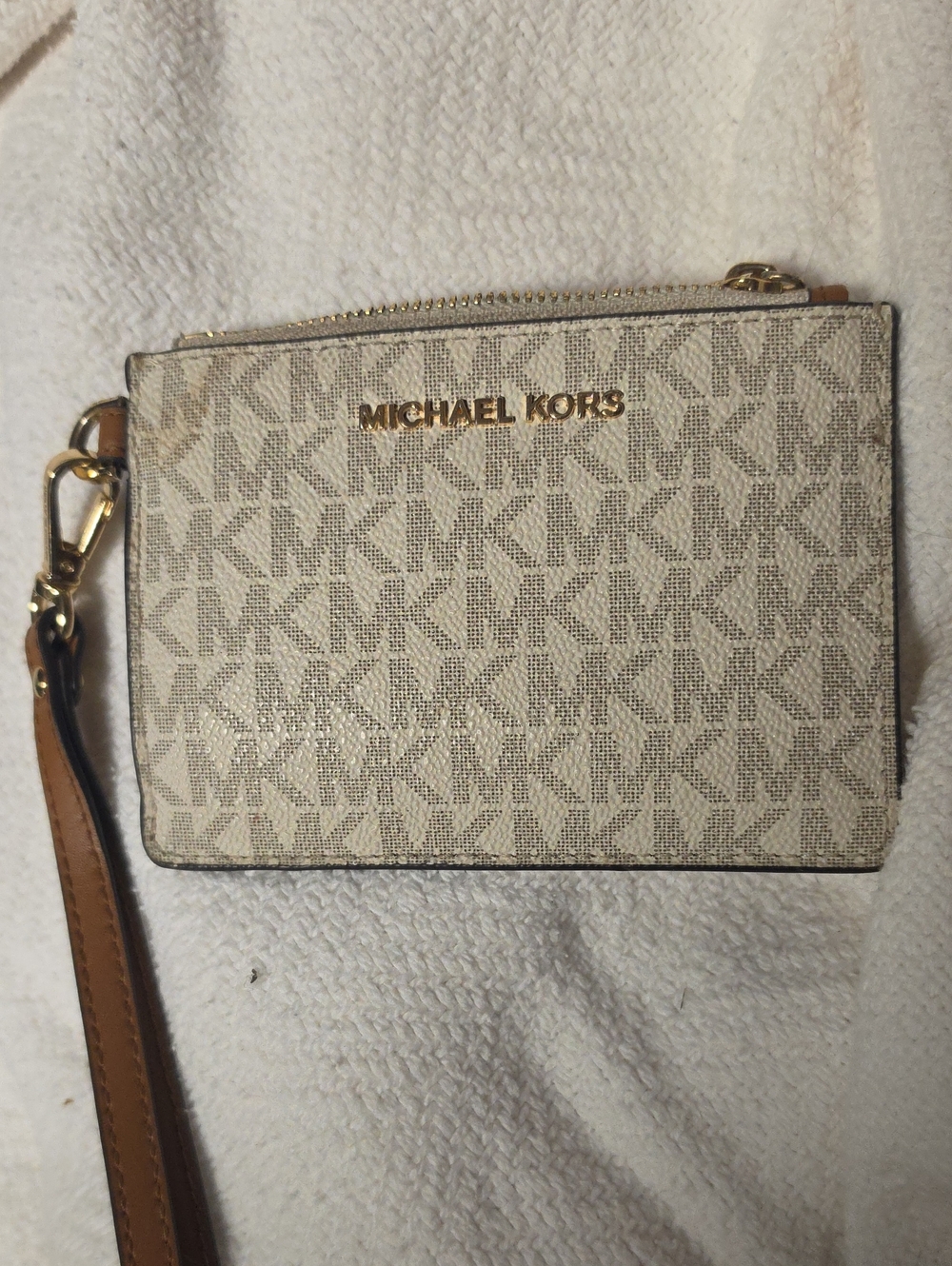 Michael Kors Signature MK Wristlet in Cream and Tan with Gold Hardware